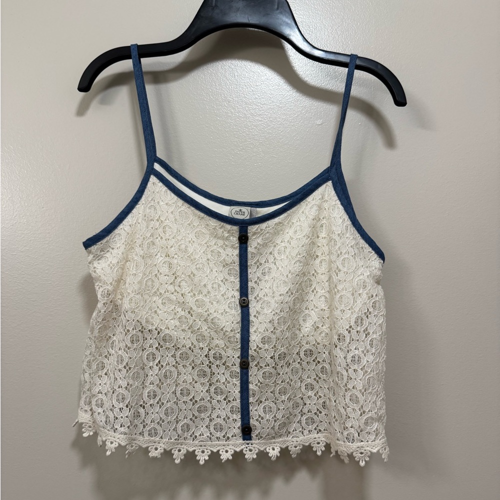 Paper Crane White Lace Camisole with Blue Trim